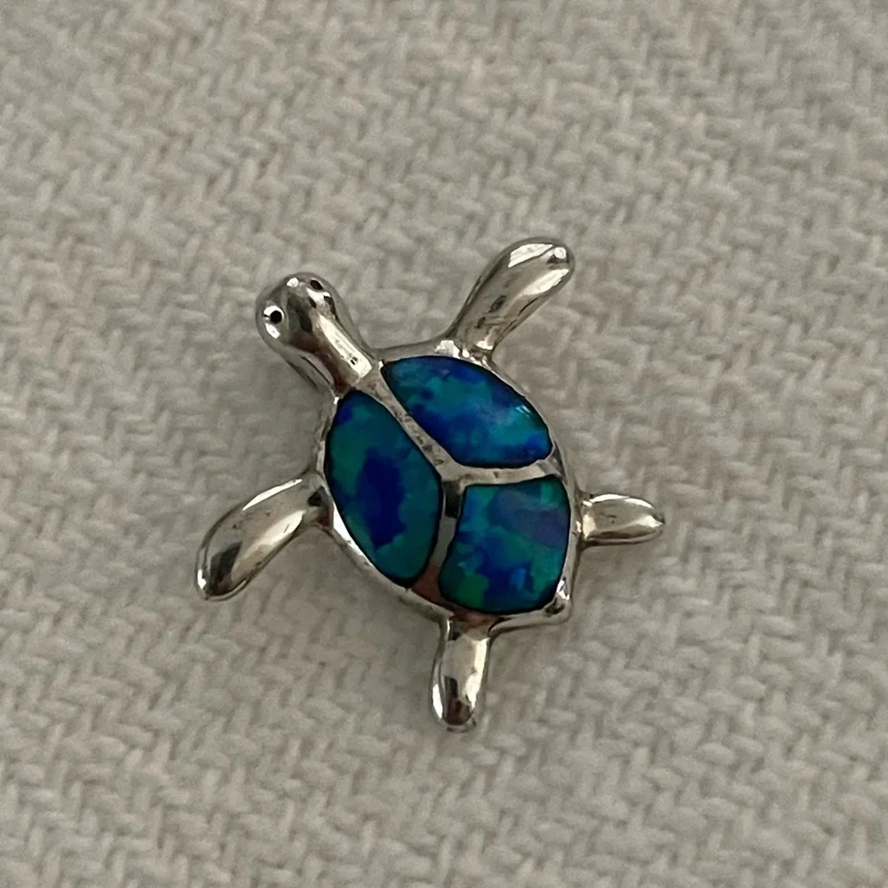 Sterling Silver Hawaii Blue Opal Sea Turtle Honu Charm Pendant